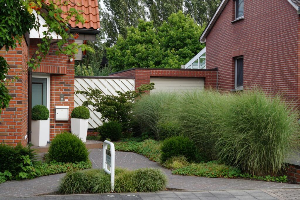 Ein gepflegter Vorgarten mit gepflasterten Wegen, Ziergräsern, fachgerecht geschnittenen Sträuchern und Hecken vor zwei Backsteinhäusern sowie einem weißen Garagentor - ein Beispiel für professionelle Gartenplanung und Pflanzkonzepte im Münsterland.