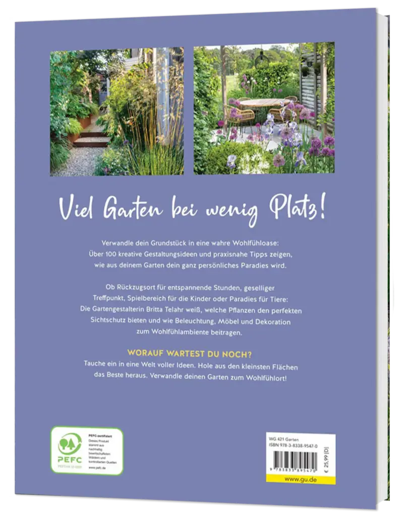 Die Rückseite eines Gartenbuchs zeigt oben inspirierende Gartenfotos und informiert auf Deutsch darüber, wie sich kleine Gärten optimal nutzen lassen. Mit lila Hintergrund und Logos unten - ideal für professionelle Gartenplanung im Münsterland.