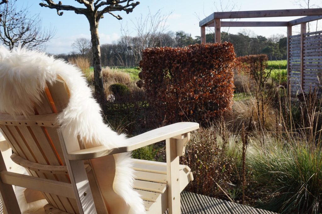 Auf einer sonnigen Terrasse mit Holzstuhl und weißem Fellblick genießen Sie den Ausblick auf einen Garten mit präzise geschnittenen Hecken, trockenem Ziergras und winterlichen Gehölzen - Inspiration für professionelle Gartenplanung im Münsterland.
